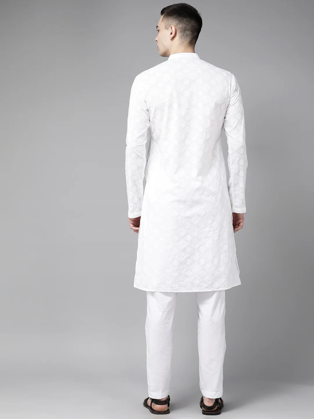Men White Pure Cotton Chikankari Embroidered Straight Kurta - Image 4