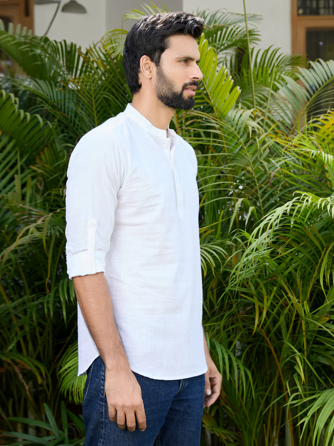 Men White Pure Cotton Slub Short Kurta - Image 3