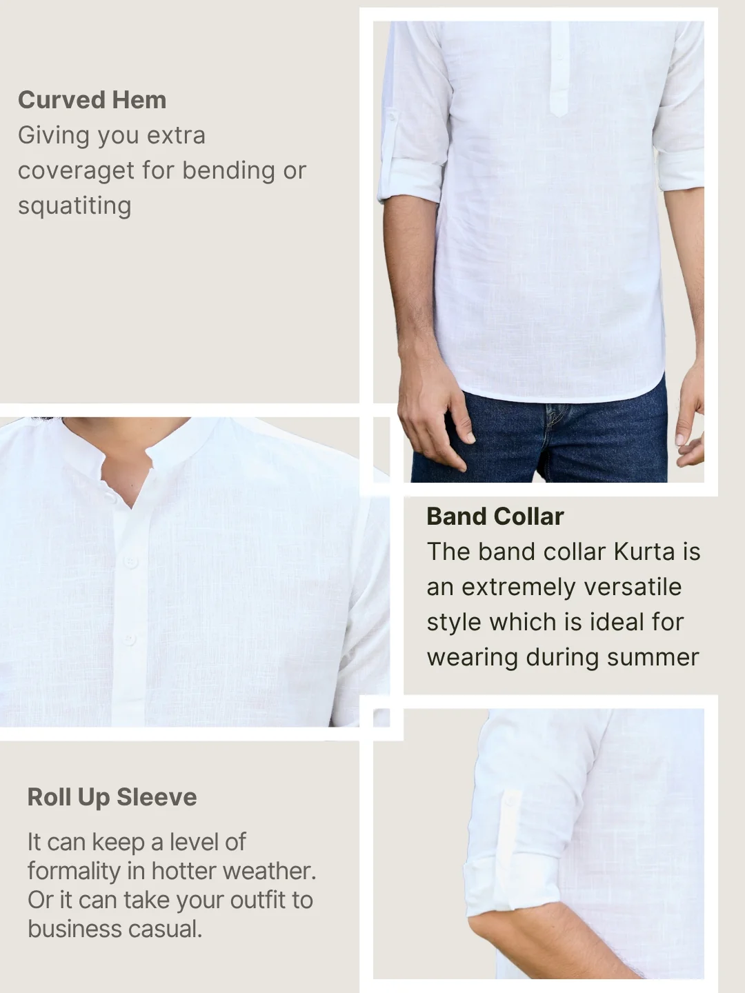 Men White Pure Cotton Slub Short Kurta - Image 4