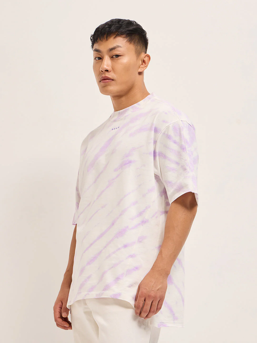 Men White & Purple Tie-Dye Oversized Crew Neck T-Shirt - Image 3