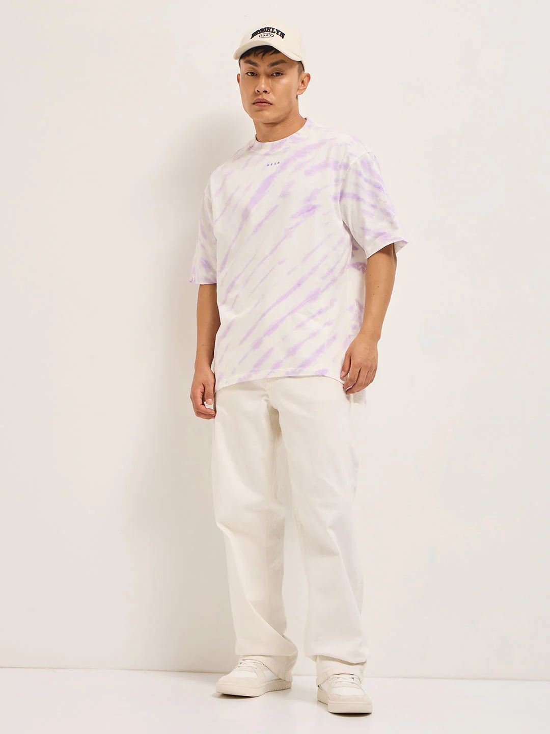 Men White & Purple Tie-Dye Oversized Crew Neck T-Shirt - Image 4