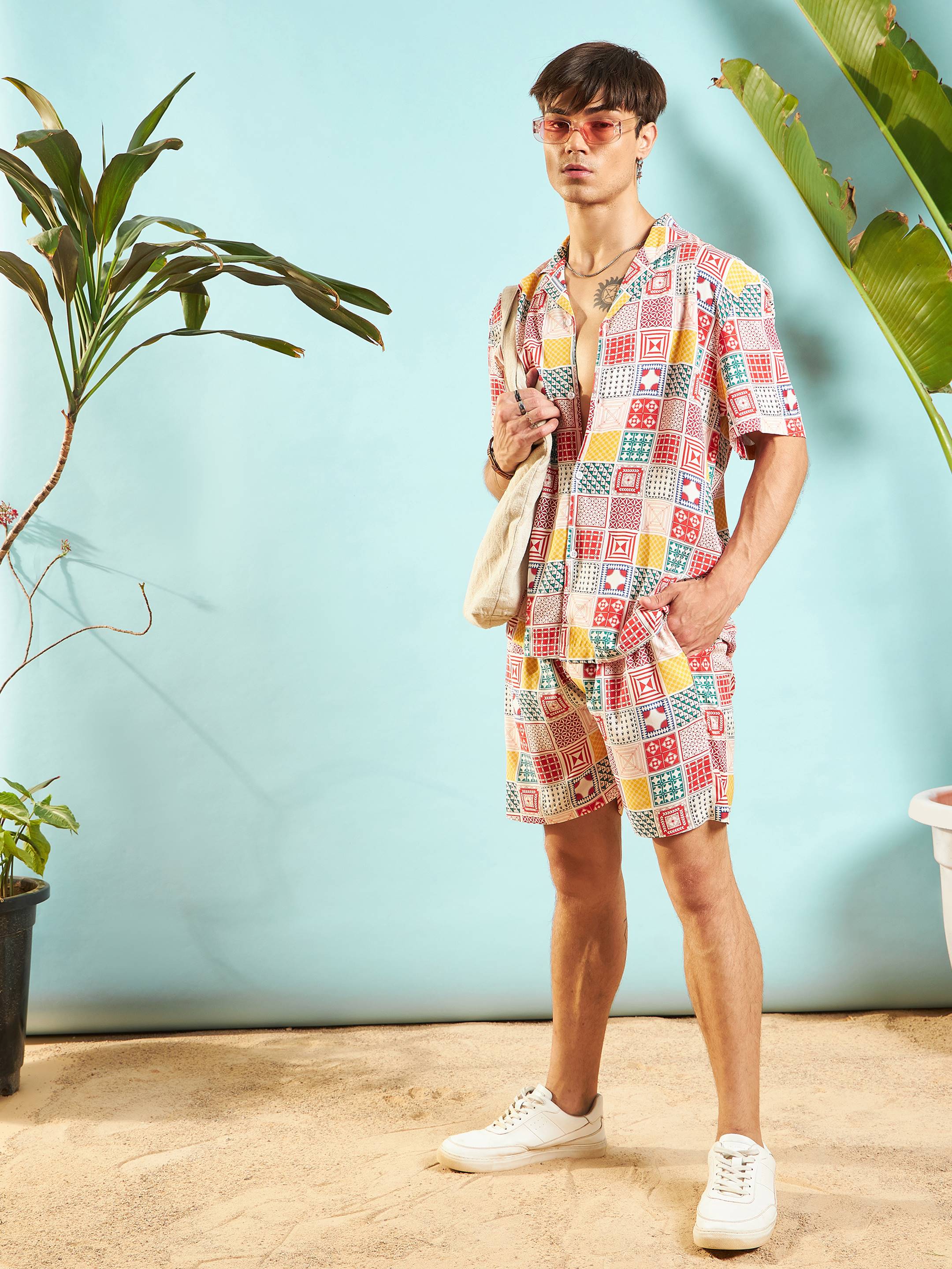 Men White & Red Conversational Shirt With Shorts - Image 2