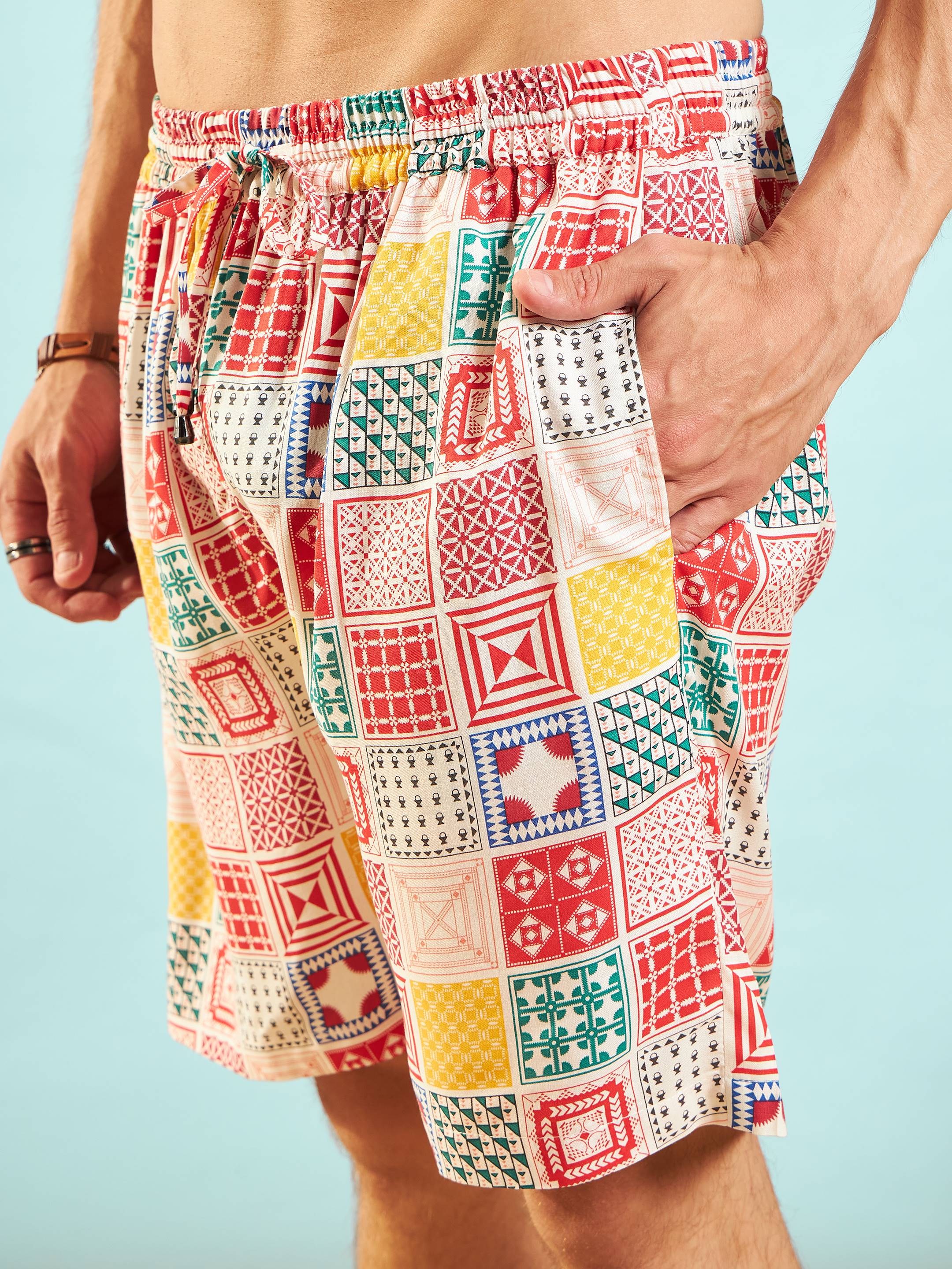 Men White & Red Conversational Shirt With Shorts - Image 5