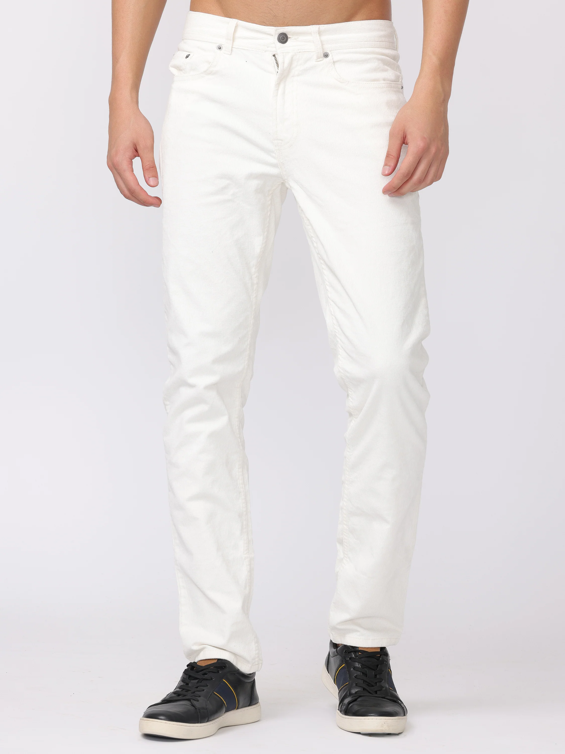 Men White Regular Fit Corduroy Pants - Image 4