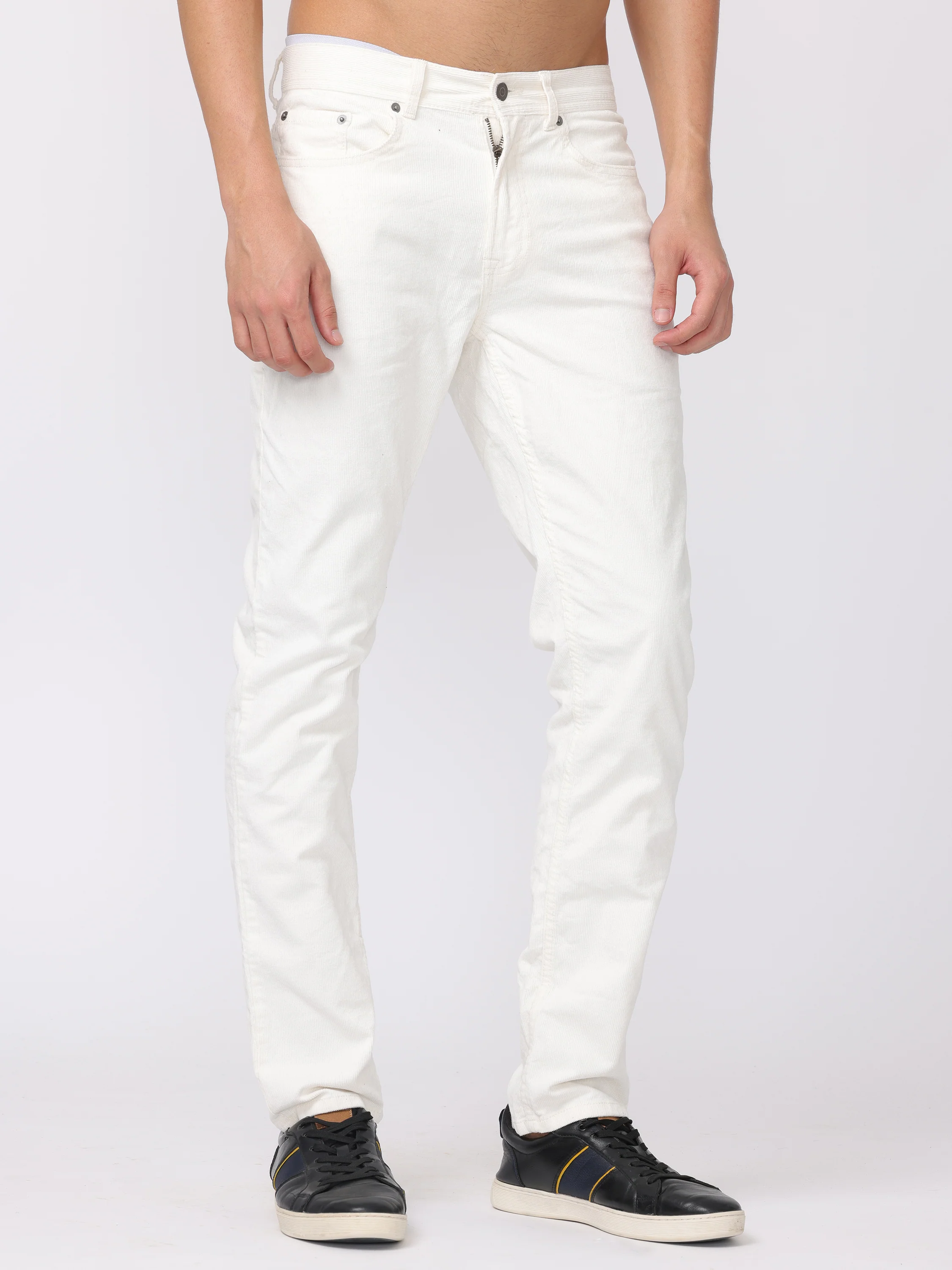 Men White Regular Fit Corduroy Pants - Image 6