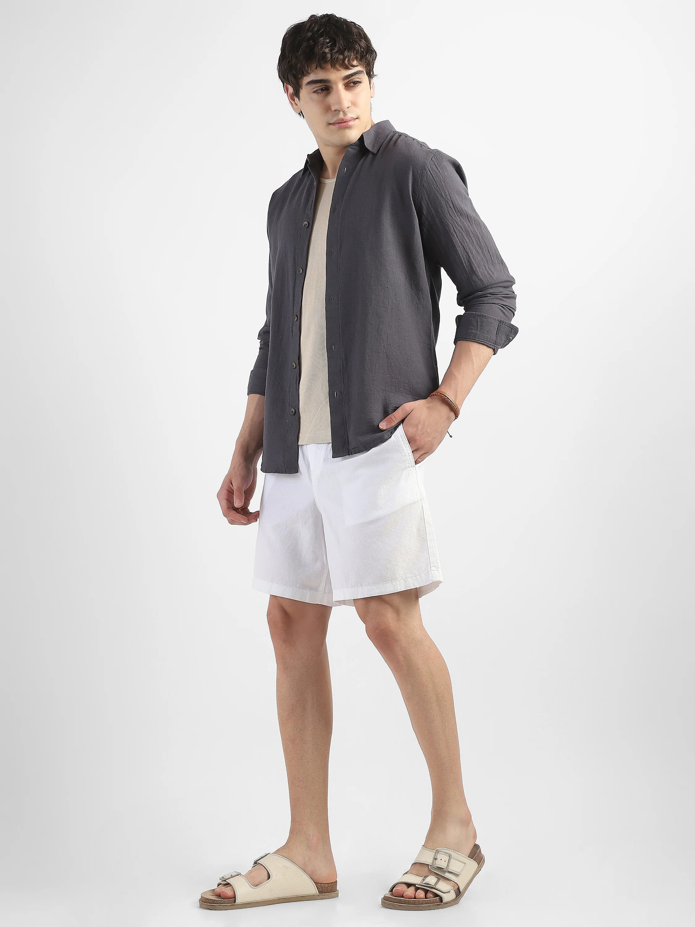 Men White Cotton Blend Shorts - Image 2