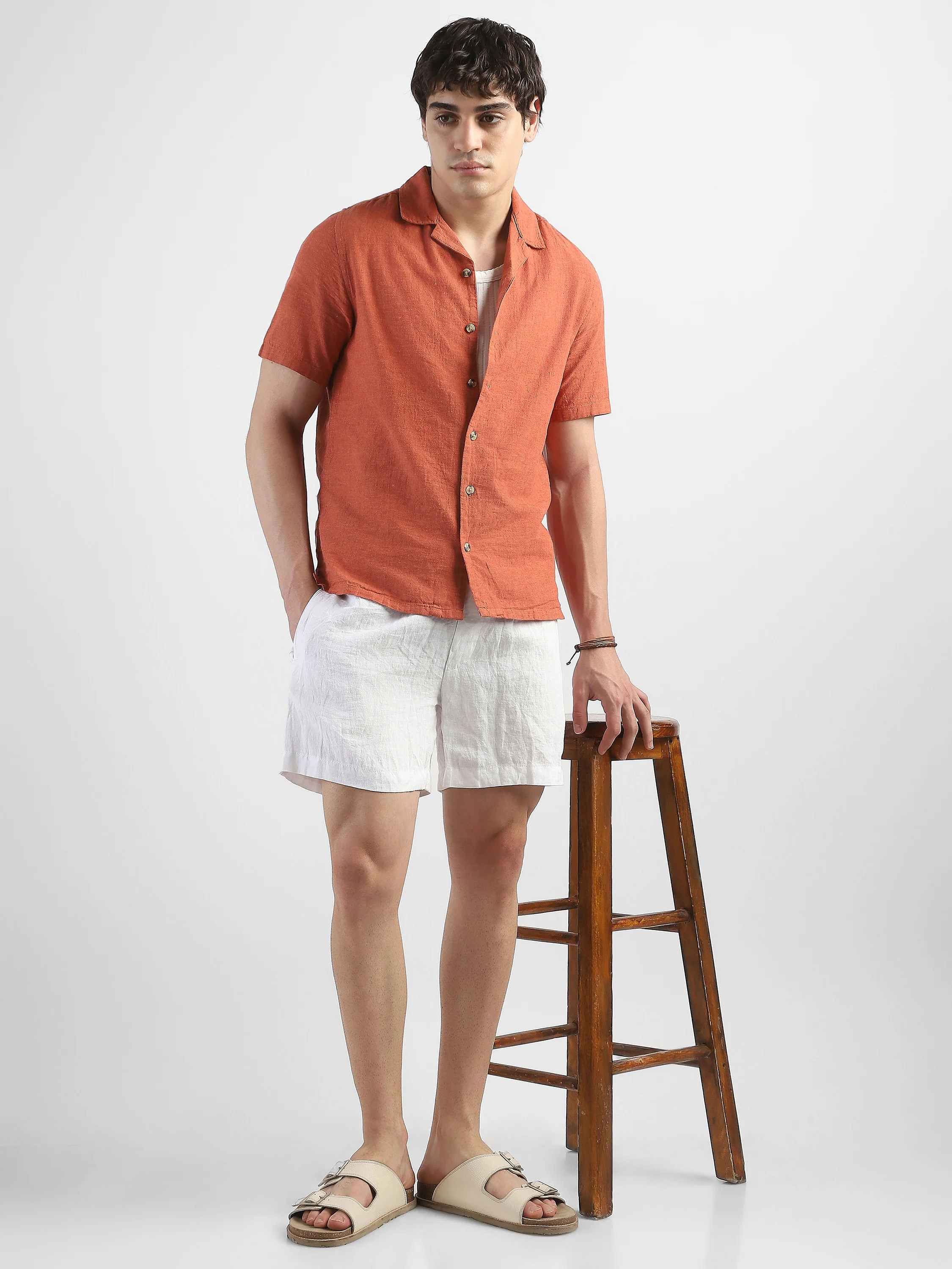 Men White Linen Blend Shorts - Image 2