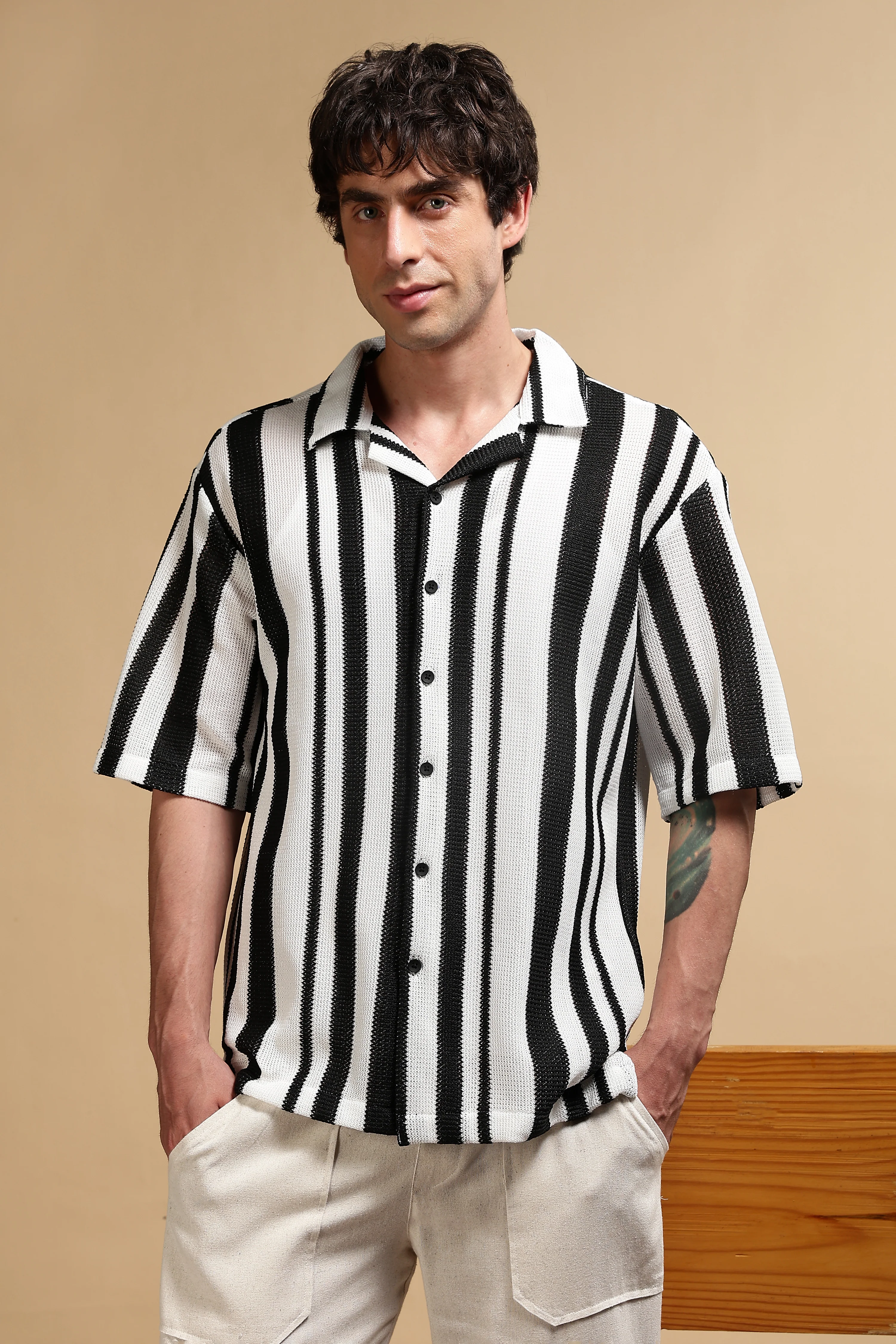 Men White Relaxed Fit Striped Shirt