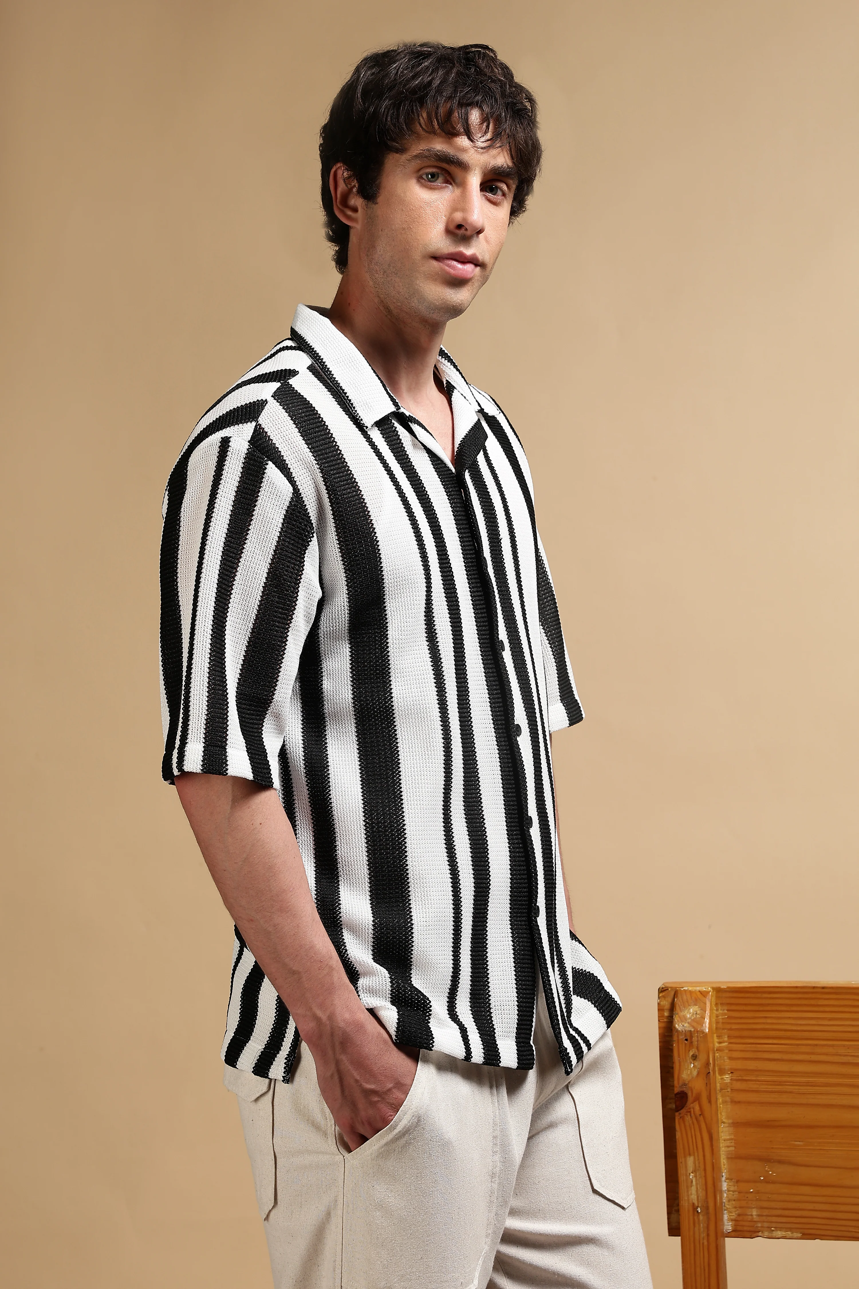 Men White Relaxed Fit Striped Shirt - Image 3