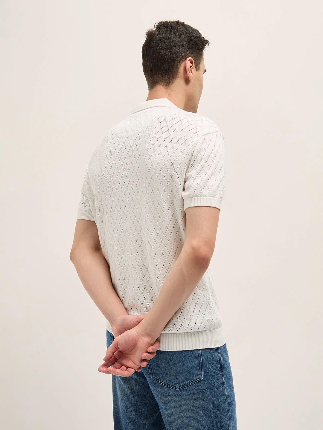Men White Relaxed Fit Textured Knit Polo - Image 2