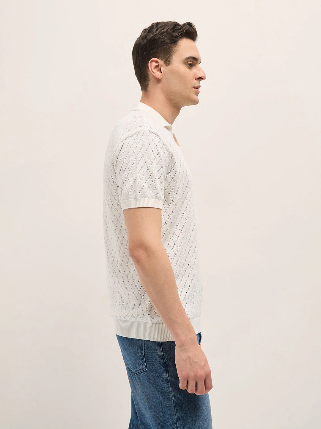 Men White Relaxed Fit Textured Knit Polo - Image 3