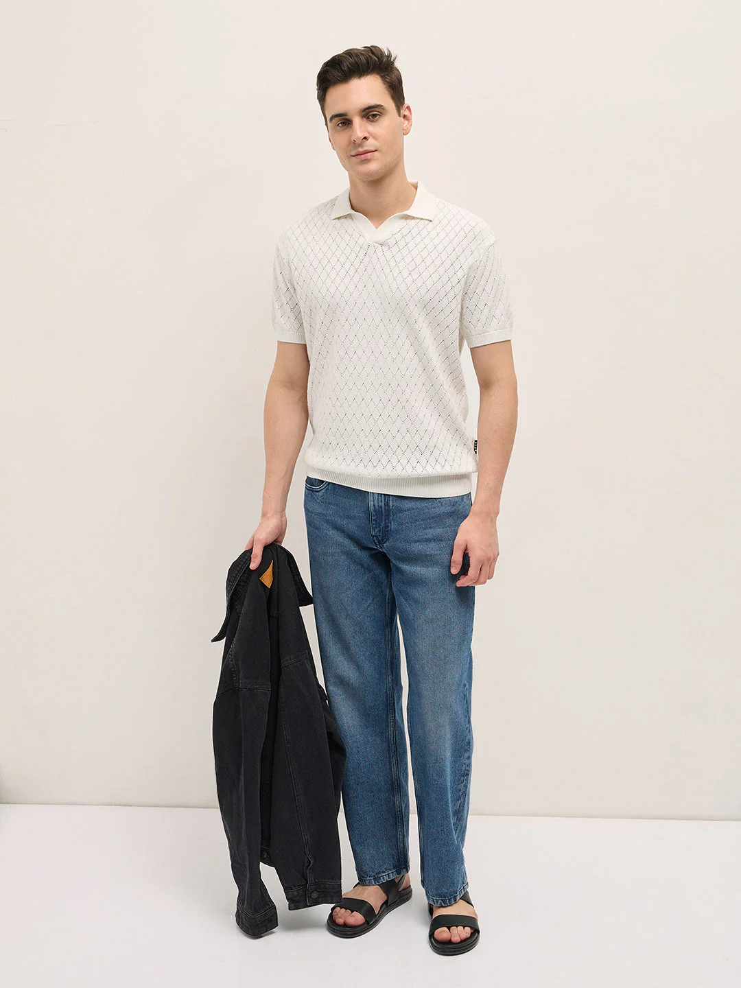 Men White Relaxed Fit Textured Knit Polo - Image 4