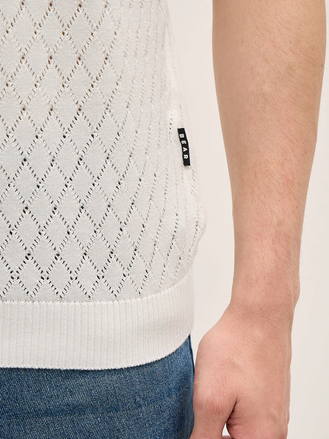 Men White Relaxed Fit Textured Knit Polo - Image 6