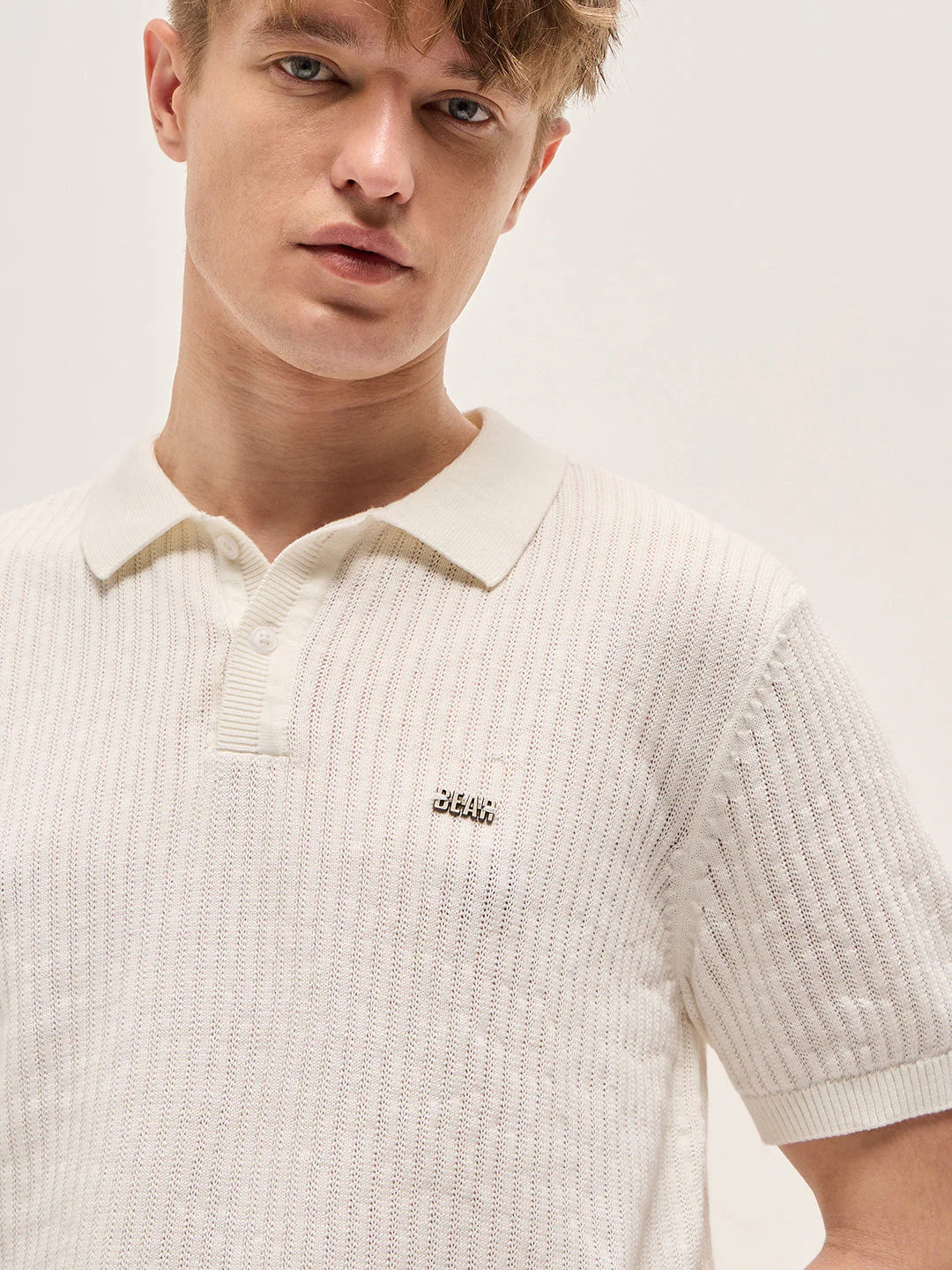 Men White Ribbed Texture Design Slim Fit Polo - Image 5