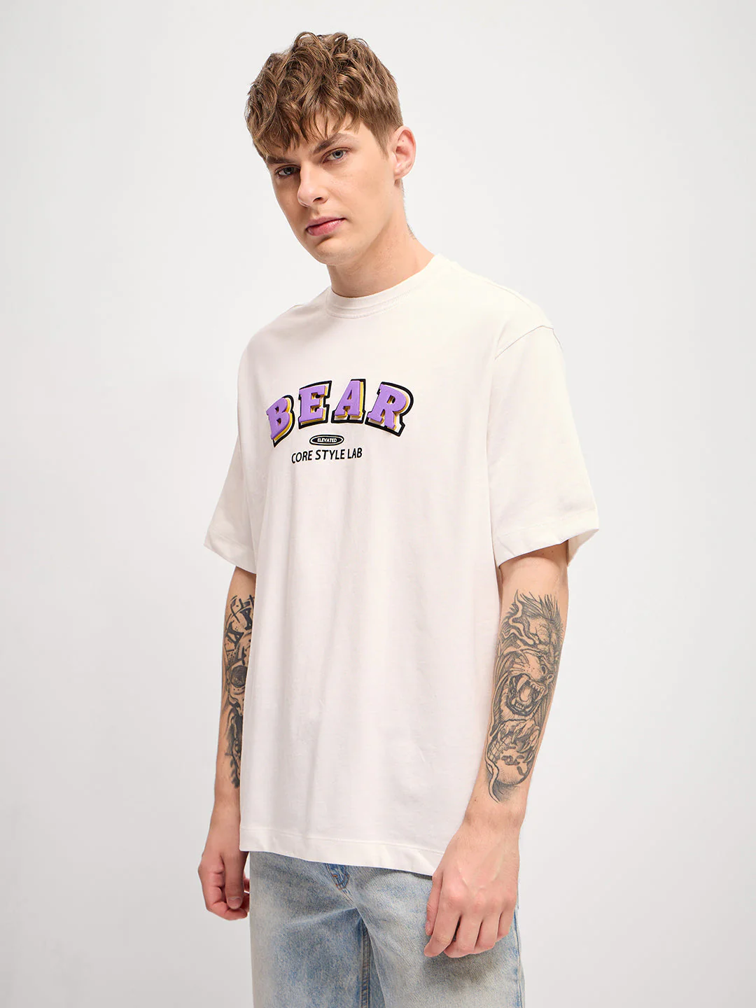 Men White Self Design Crew Neck T-Shirt - Image 3