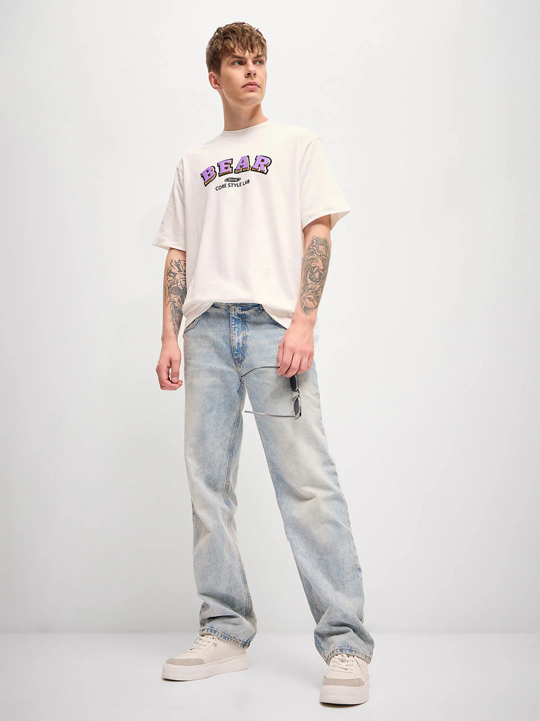 Men White Self Design Crew Neck T-Shirt - Image 4