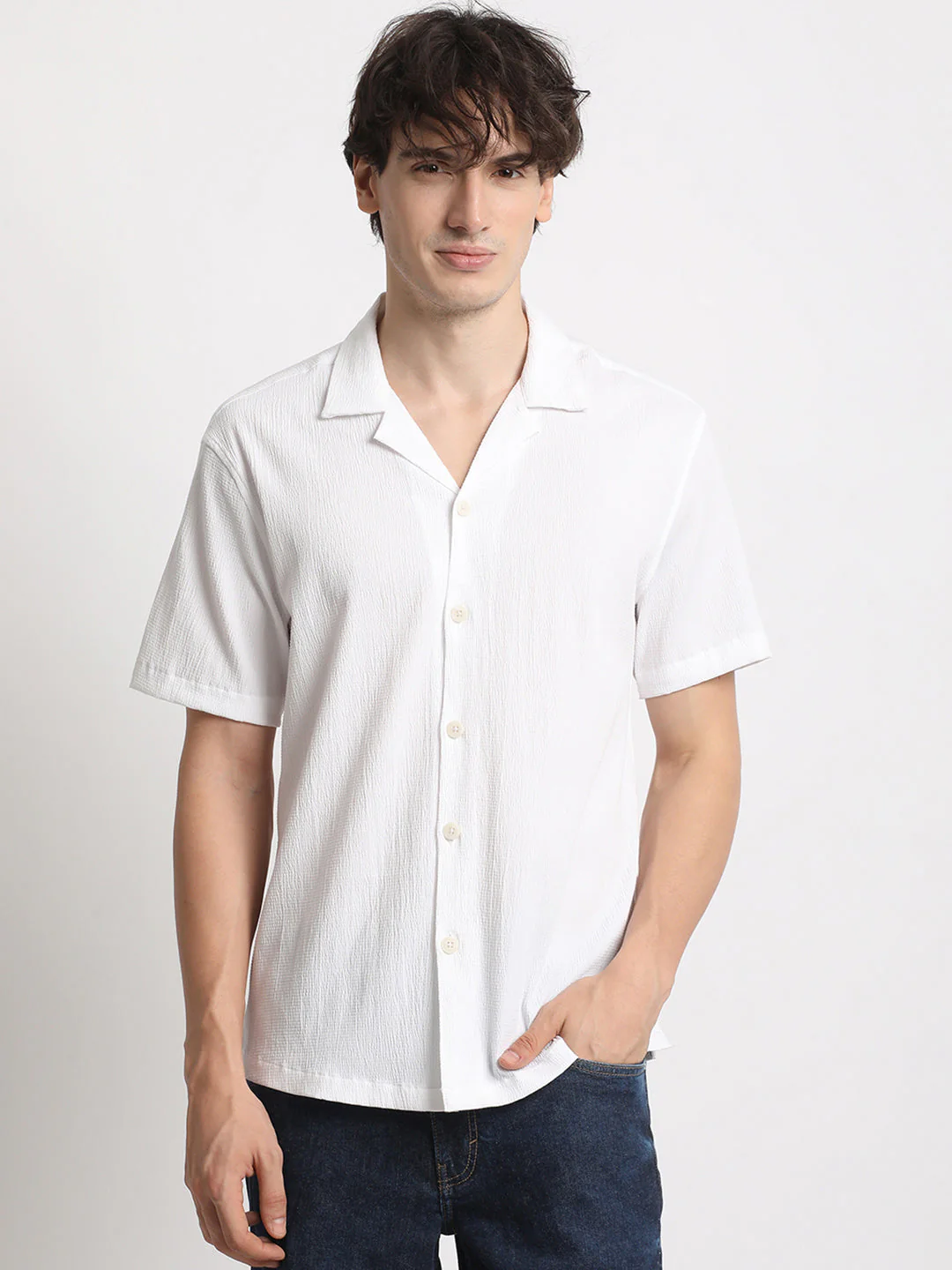 Men  White Self design Regular Fit Casual Shirt - Image 2