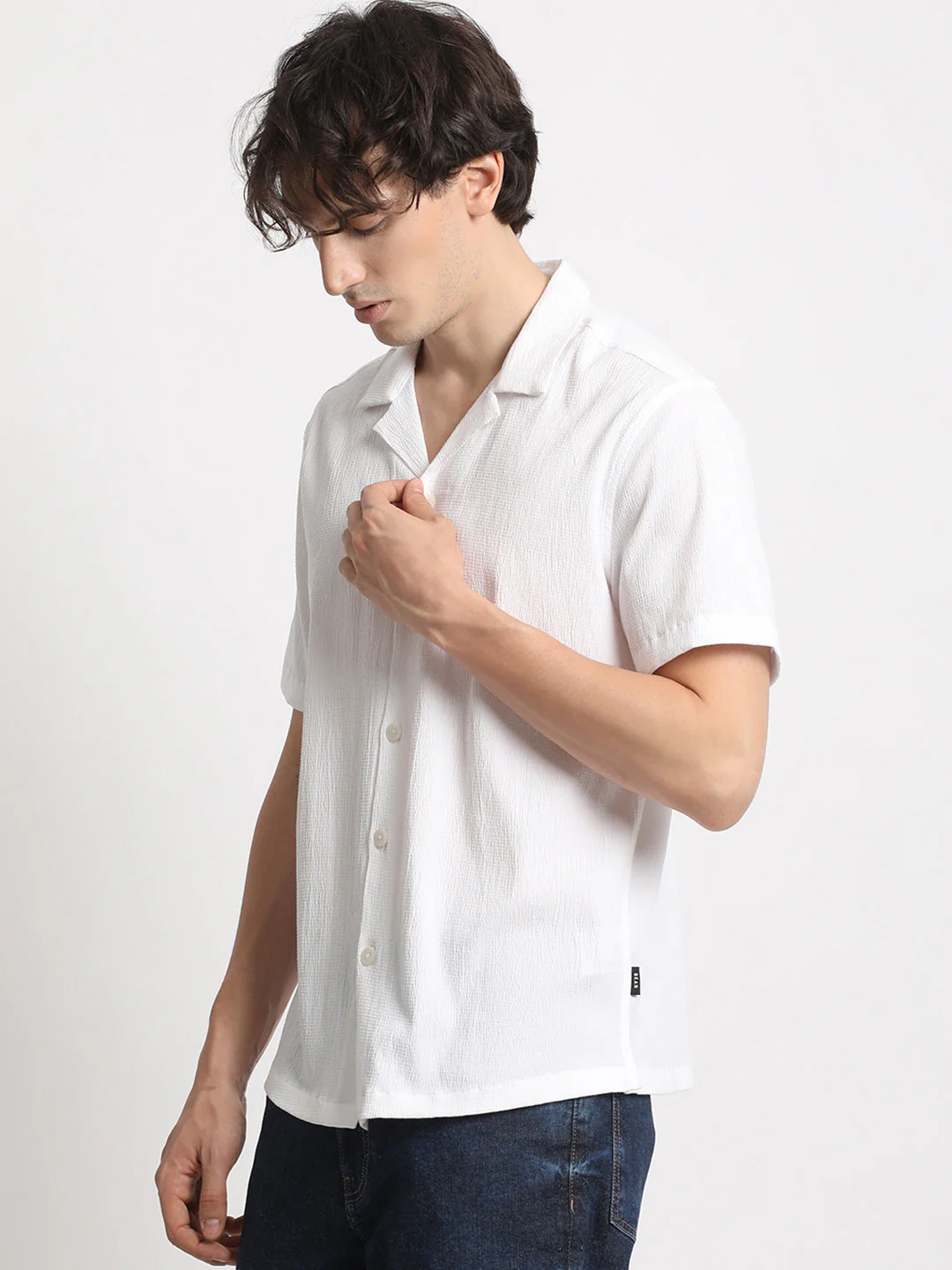 Men  White Self design Regular Fit Casual Shirt - Image 3
