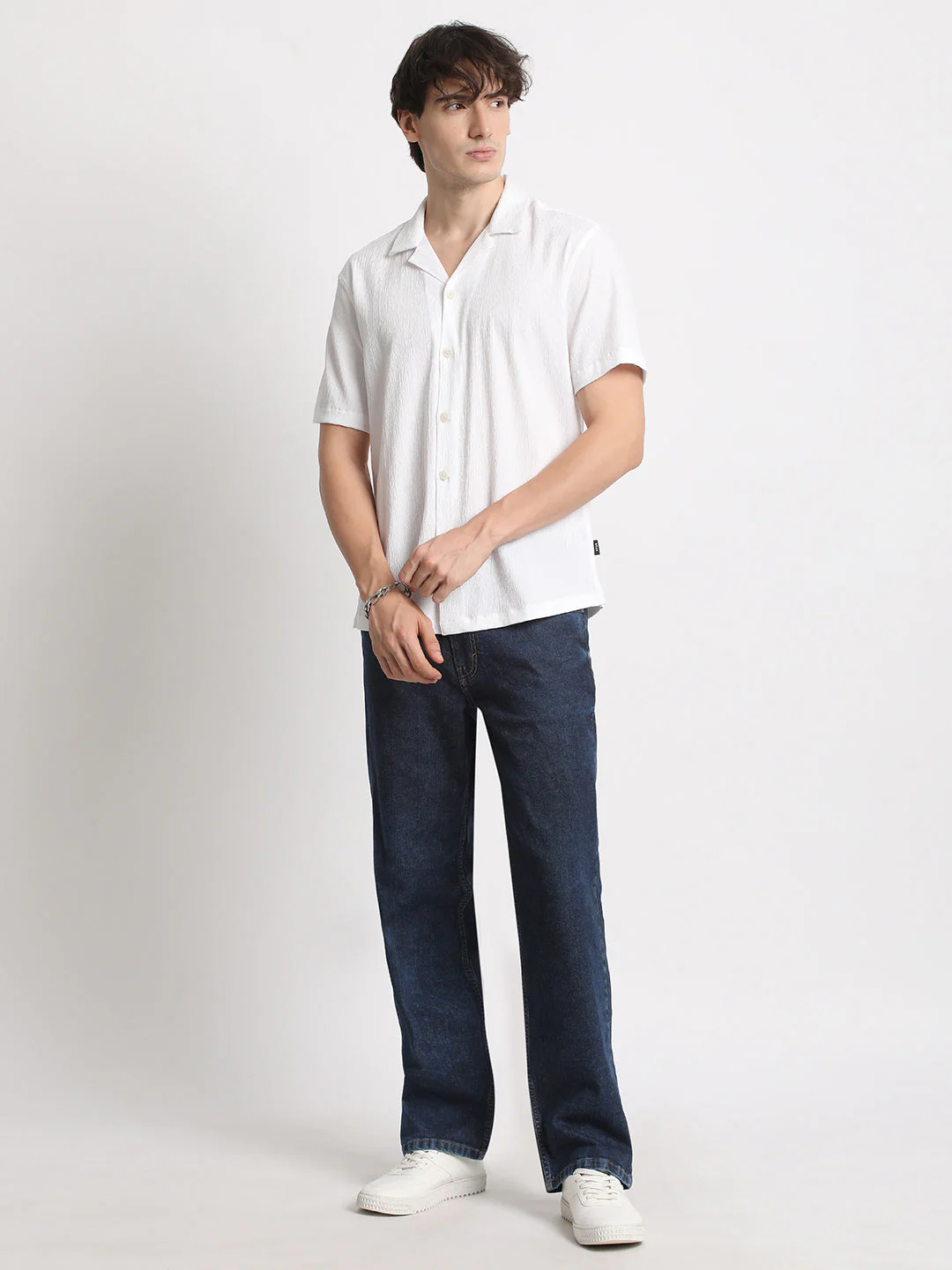 Men  White Self design Regular Fit Casual Shirt - Image 5