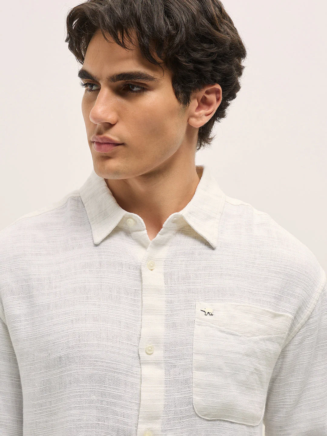 Men White Self Design Relax Fit Overshirt - Image 5