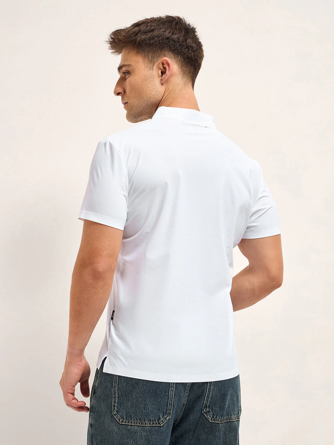 Men White Self Design Slim Fit Polo T-shirt - Image 2