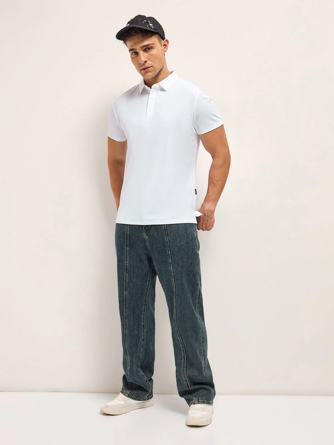 Men White Self Design Slim Fit Polo T-shirt - Image 4