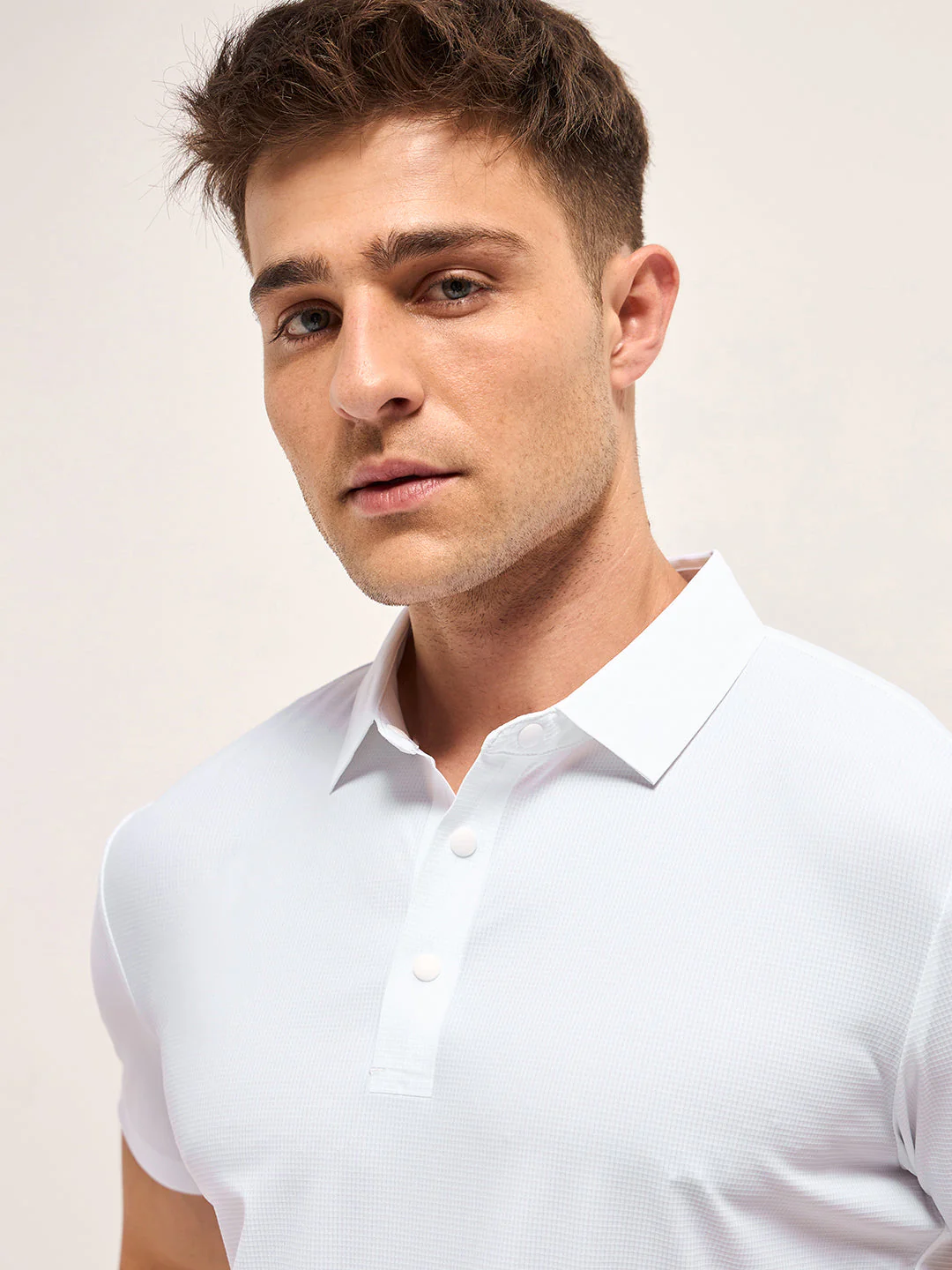 Men White Self Design Slim Fit Polo T-shirt - Image 5