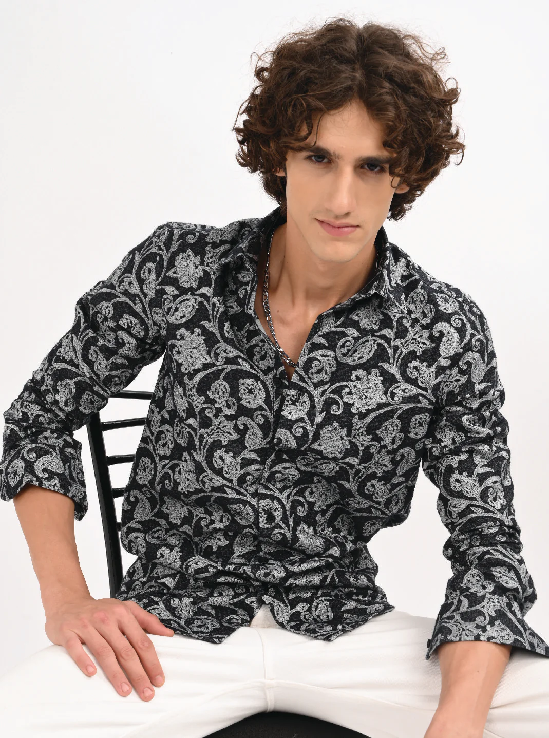 Men Black Self Jacquard Shirt - Image 2