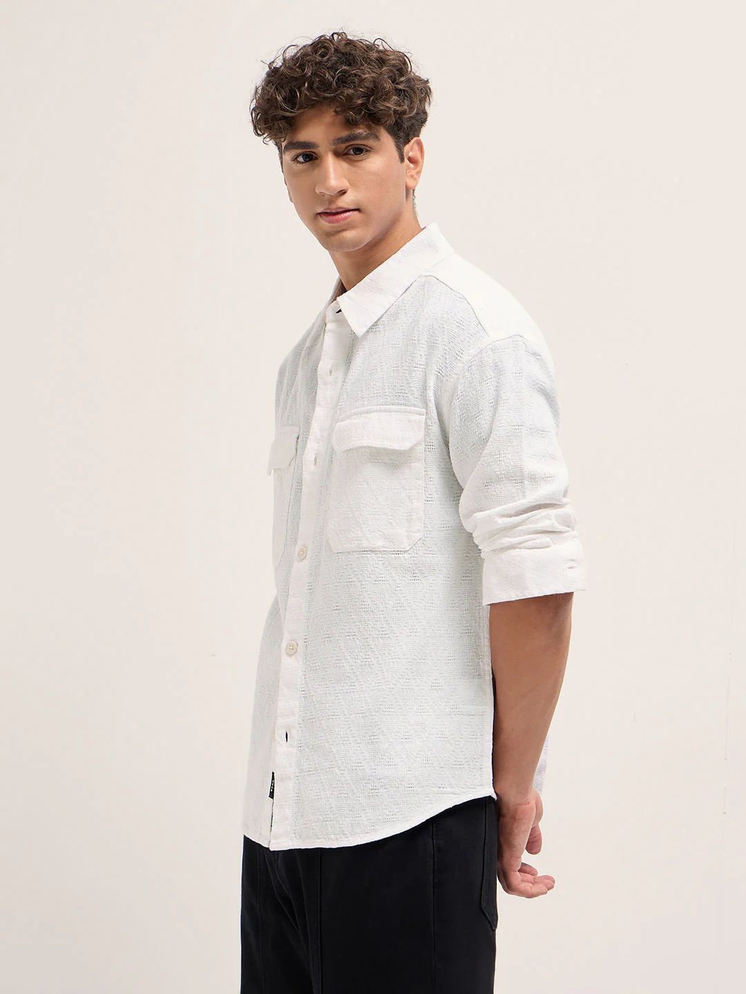 Men White Self-Weave Textured Relaxed Fit Shirt - Image 3