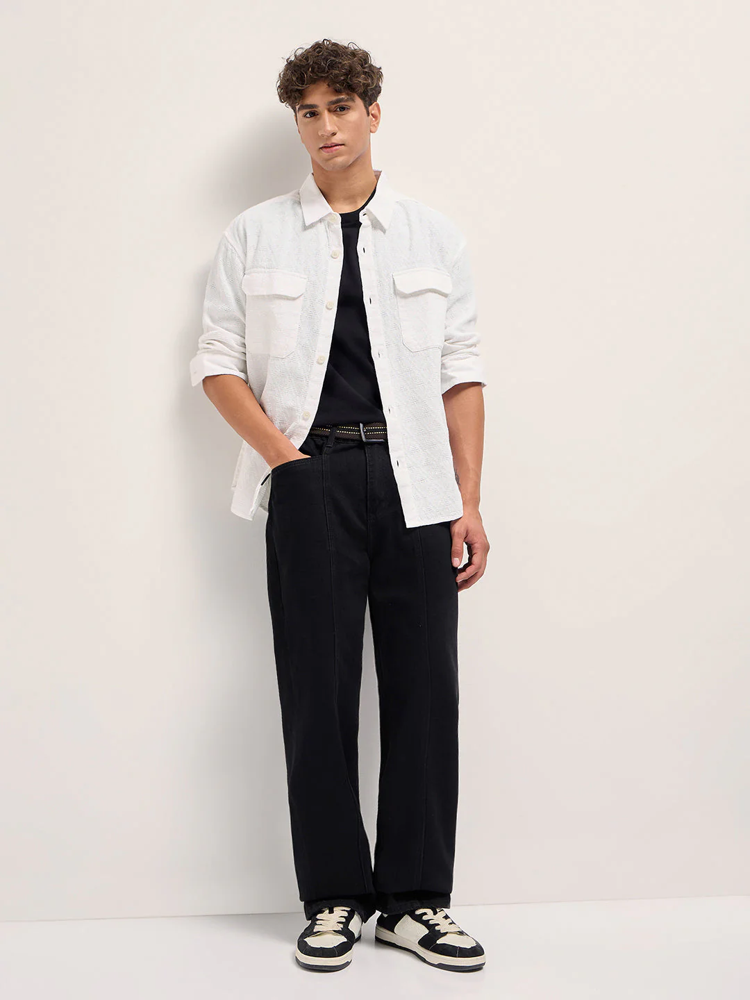 Men White Self-Weave Textured Relaxed Fit Shirt - Image 4