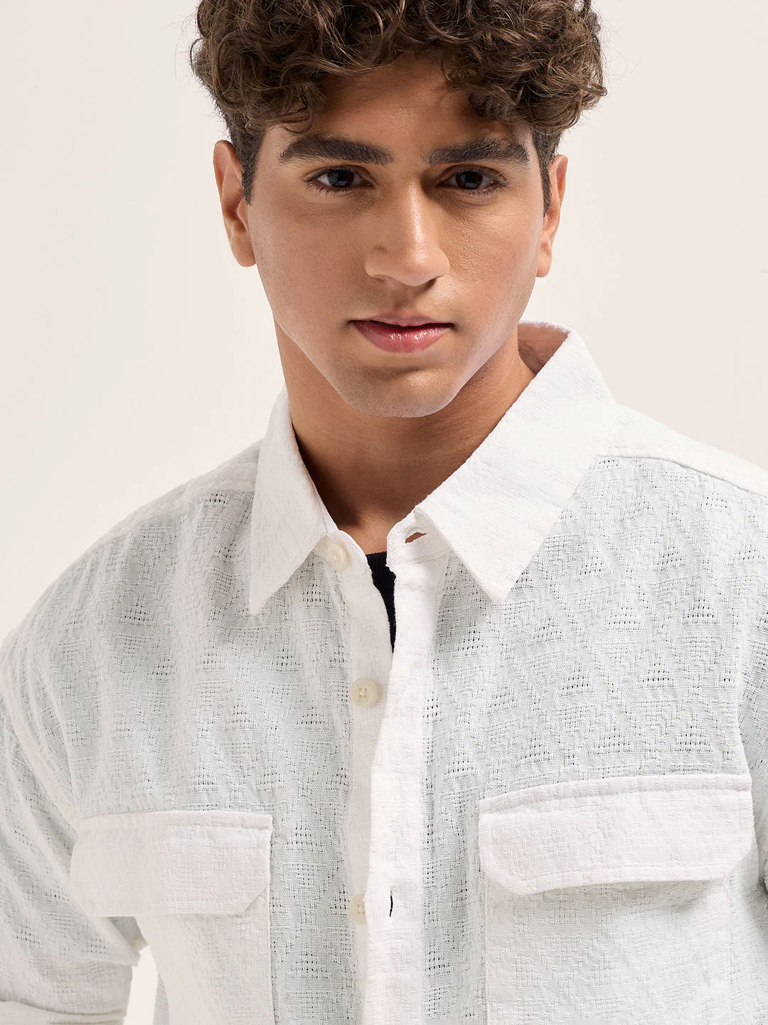 Men White Self-Weave Textured Relaxed Fit Shirt - Image 5