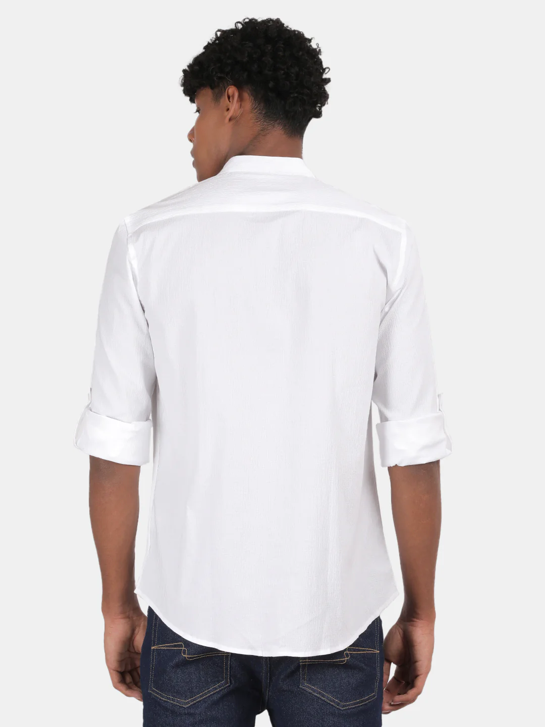 Men White Slim Fit Mandarin Collar Full Sleeve Casual Shirt - Image 2