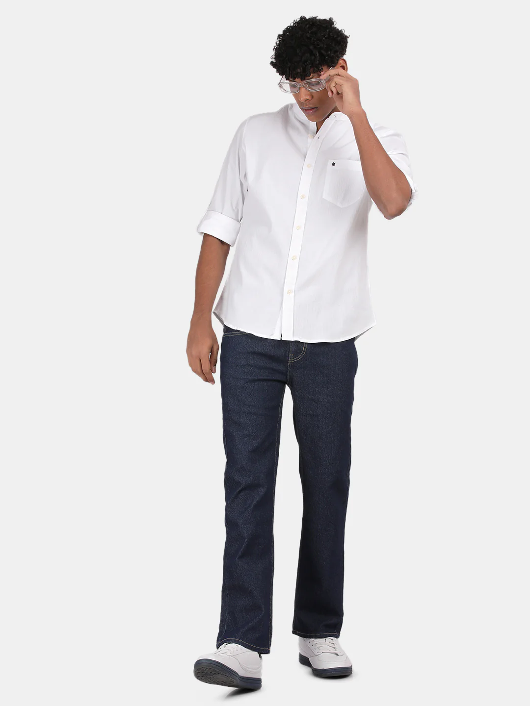Men White Slim Fit Mandarin Collar Full Sleeve Casual Shirt - Image 3