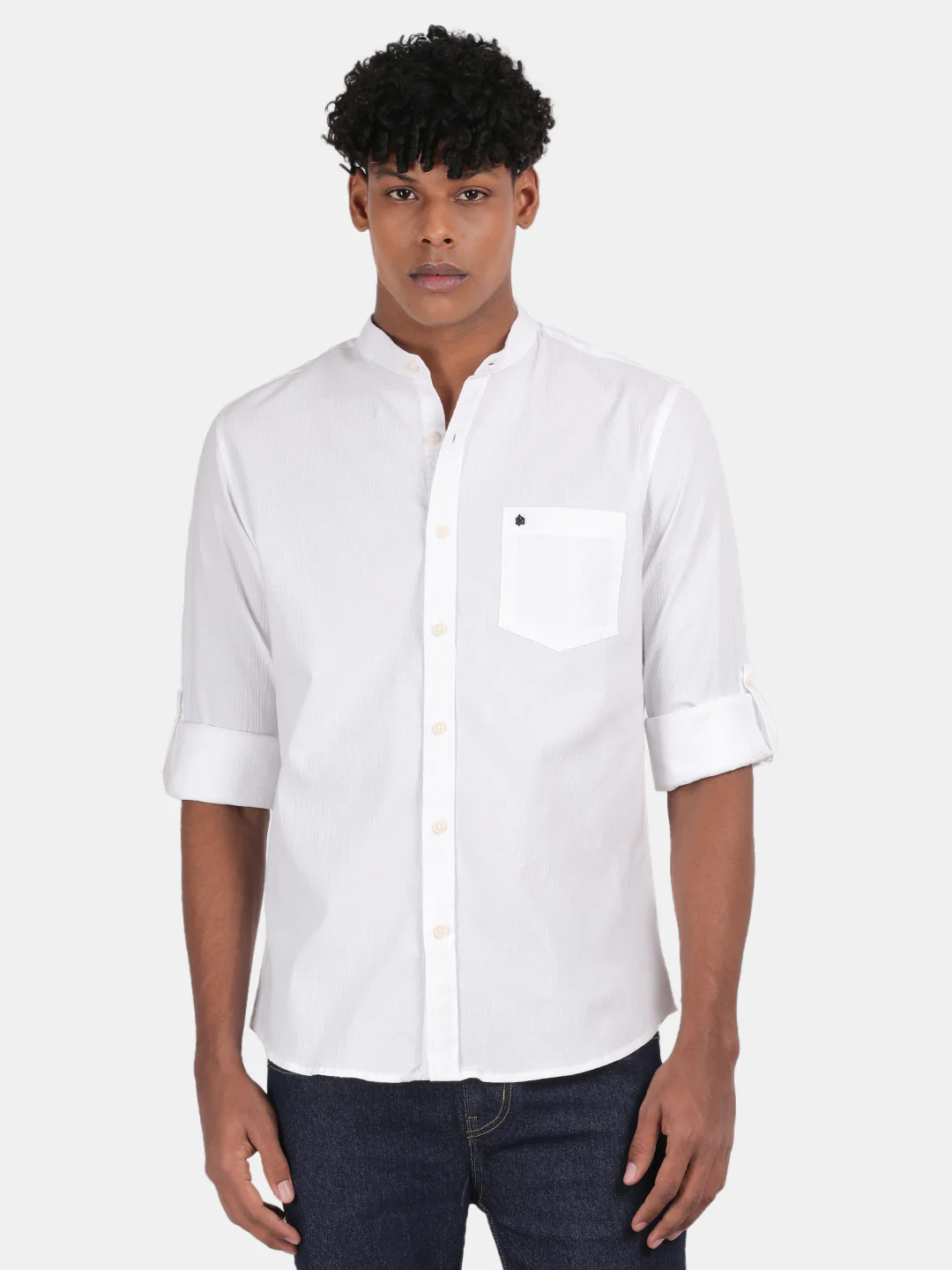 Men White Slim Fit Mandarin Collar Full Sleeve Casual Shirt - Image 4