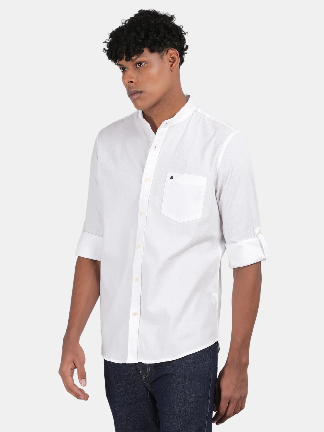 Men White Slim Fit Mandarin Collar Full Sleeve Casual Shirt - Image 5