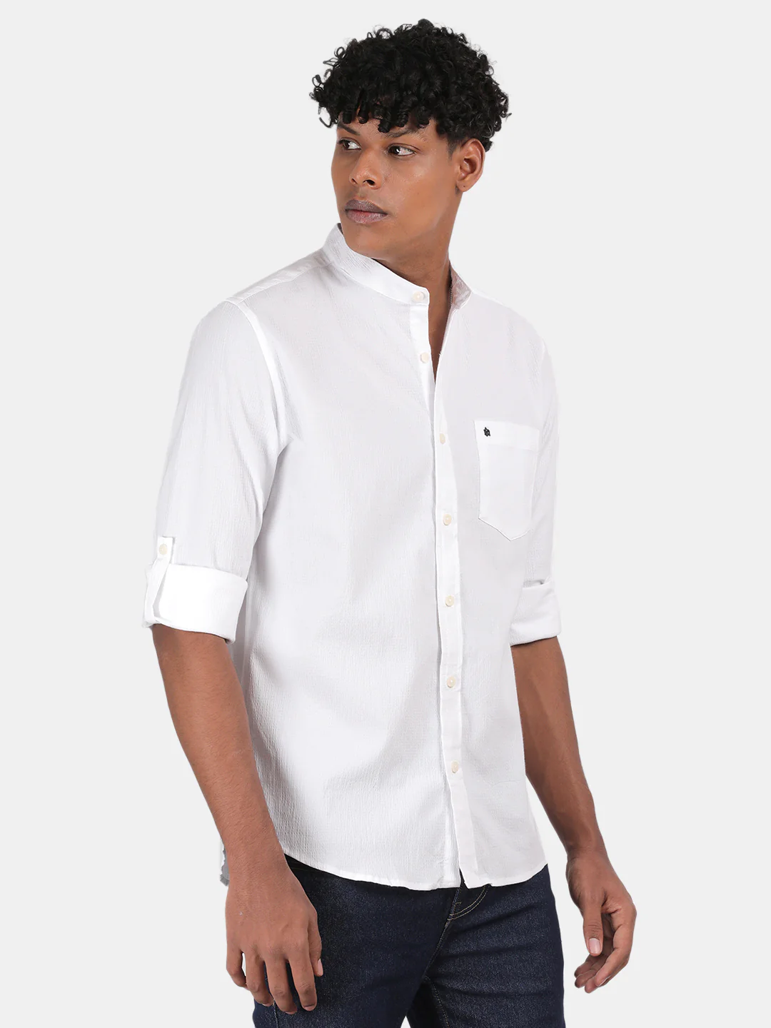 Men White Slim Fit Mandarin Collar Full Sleeve Casual Shirt - Image 6