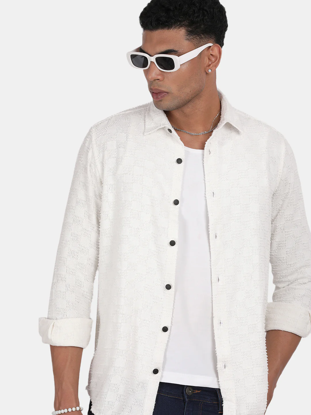 Men White Slim Fit Spread Collar Full Sleeve Casual Shirt - Image 4