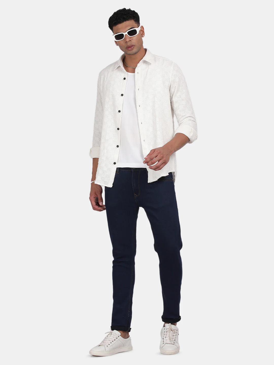 Men White Slim Fit Spread Collar Full Sleeve Casual Shirt - Image 5