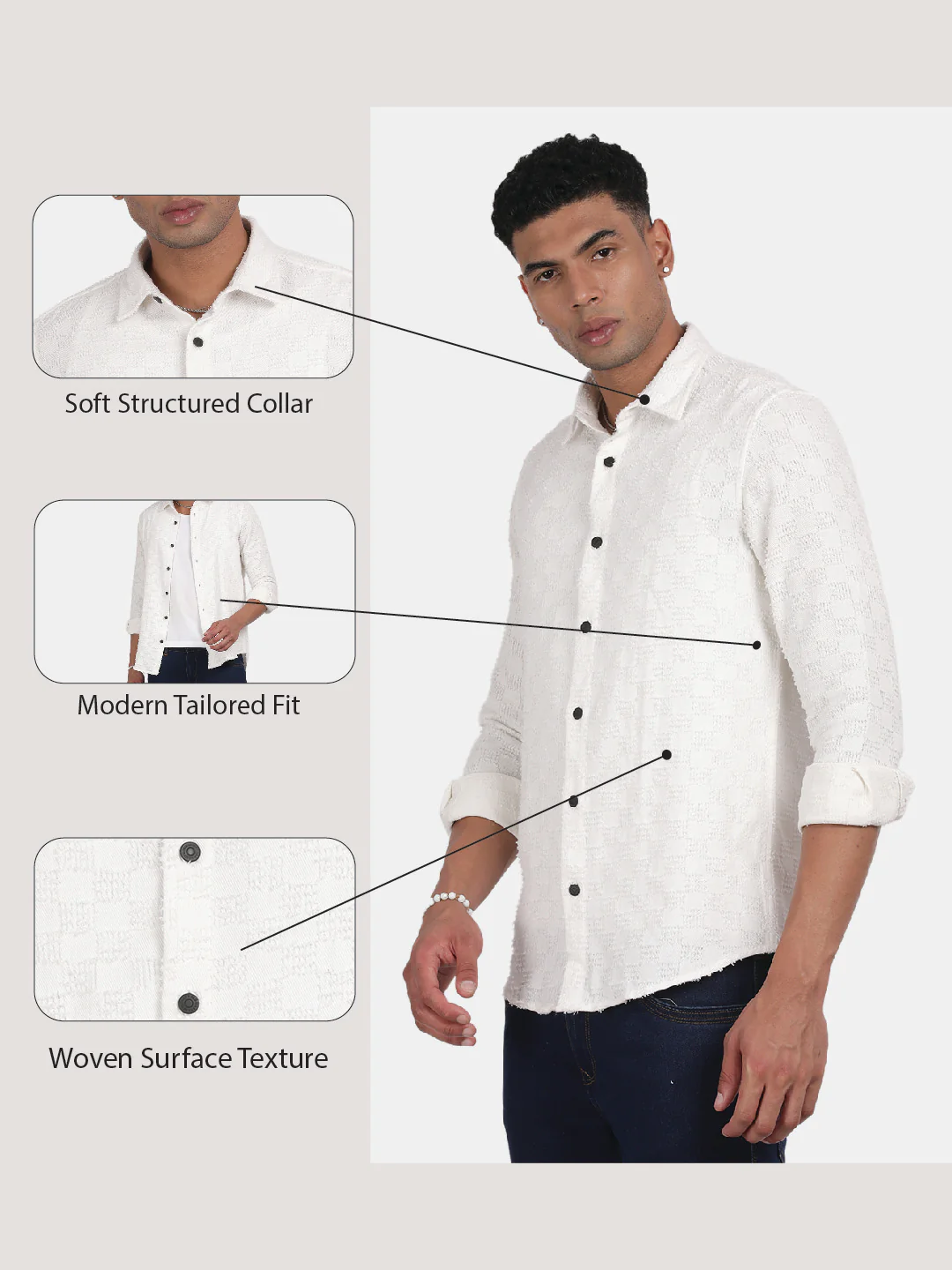 Men White Slim Fit Spread Collar Full Sleeve Casual Shirt - Image 6