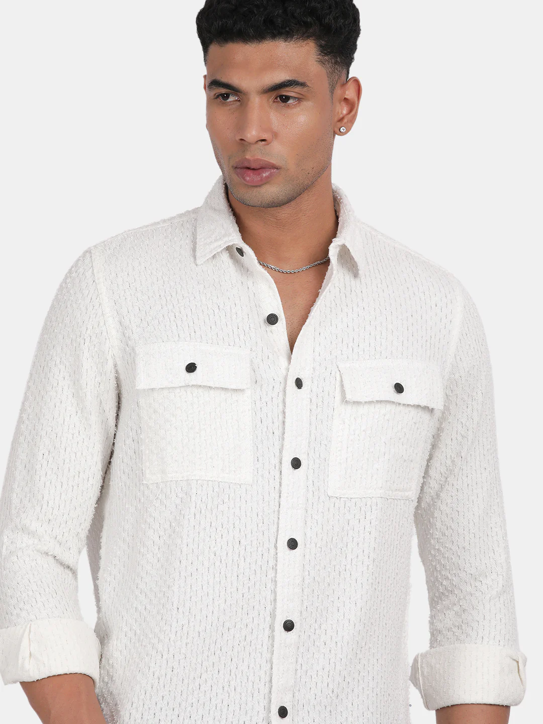 Men White Slim Fit Spread Collar Full Sleeve Casual Shirt - Image 2