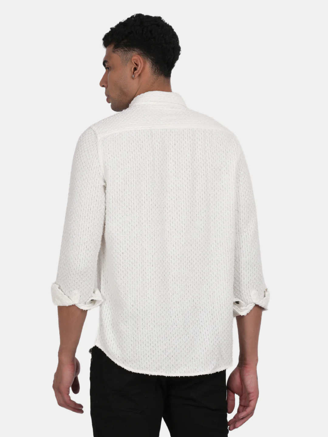 Men White Slim Fit Spread Collar Full Sleeve Casual Shirt - Image 3