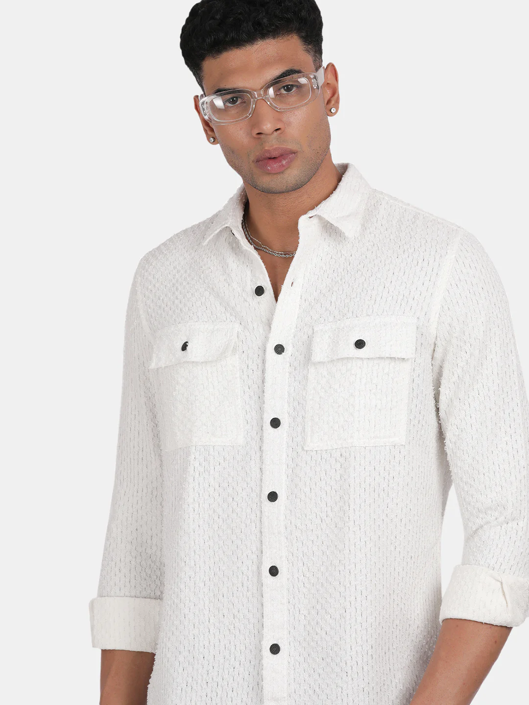 Men White Slim Fit Spread Collar Full Sleeve Casual Shirt - Image 4