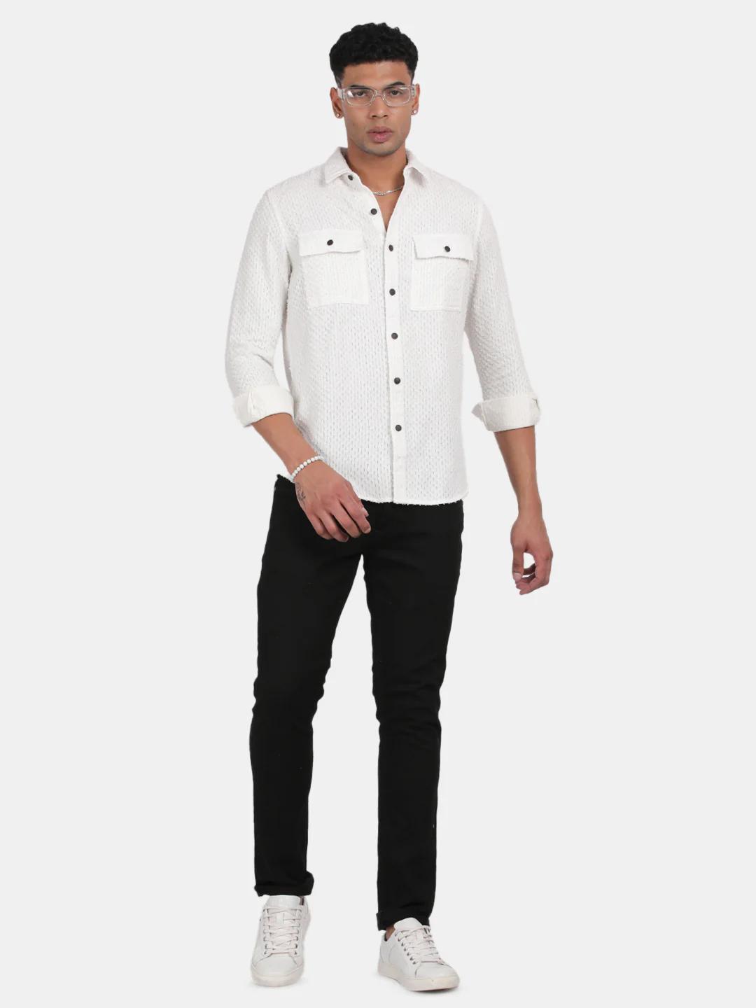 Men White Slim Fit Spread Collar Full Sleeve Casual Shirt - Image 5