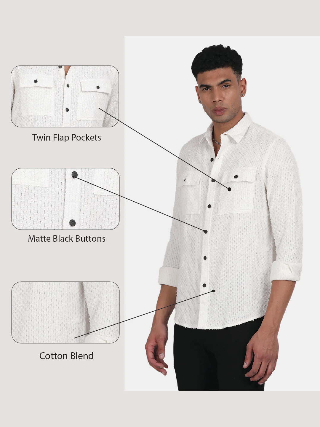 Men White Slim Fit Spread Collar Full Sleeve Casual Shirt - Image 6