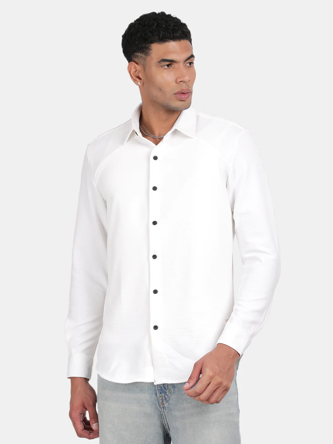 Men White Slim Fit Spread Collar Full Sleeve Casual Shirt - Image 4