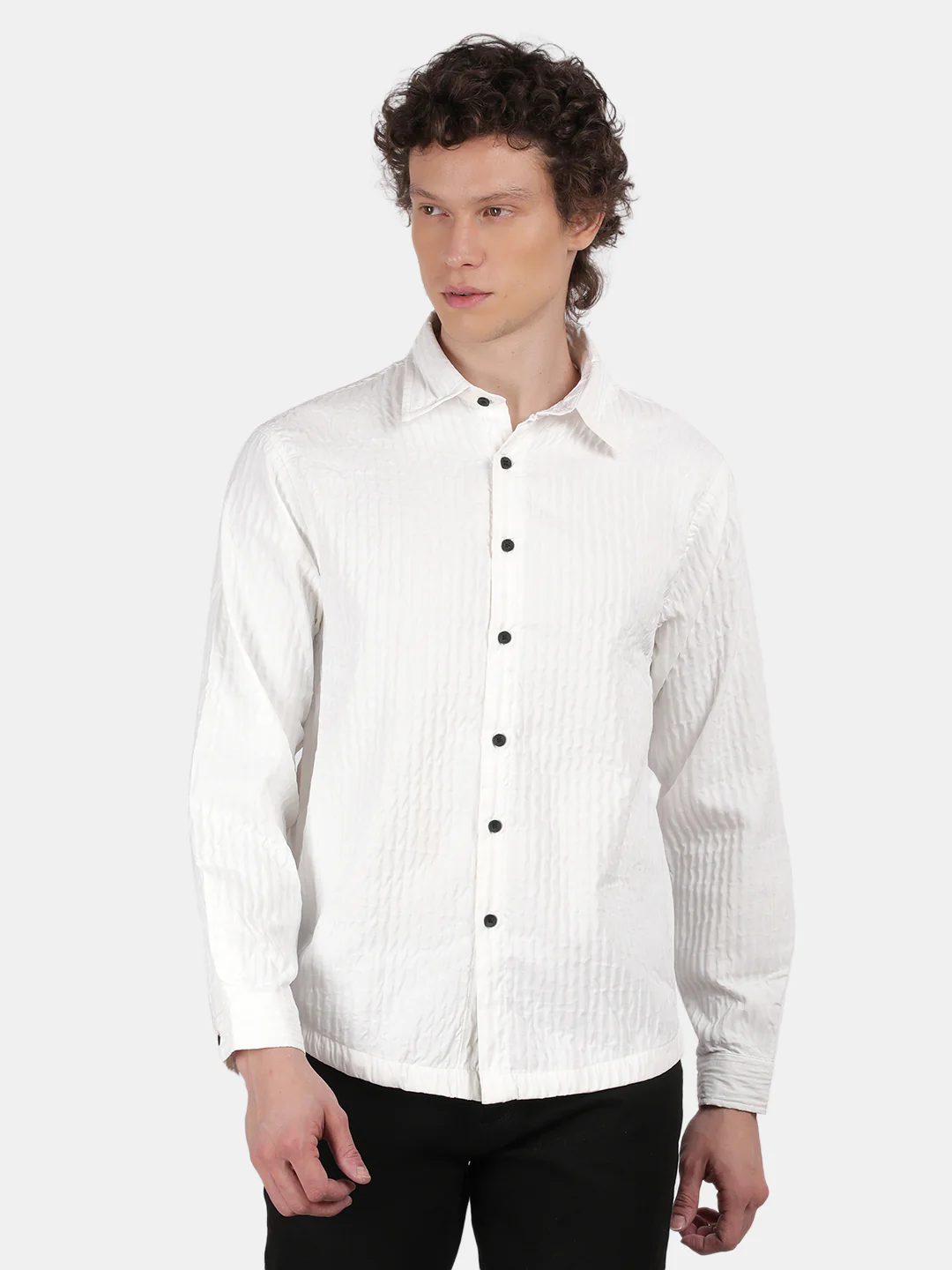Men White Slim Fit Spread Collar Full Sleeve Casual Shirt - Image 4