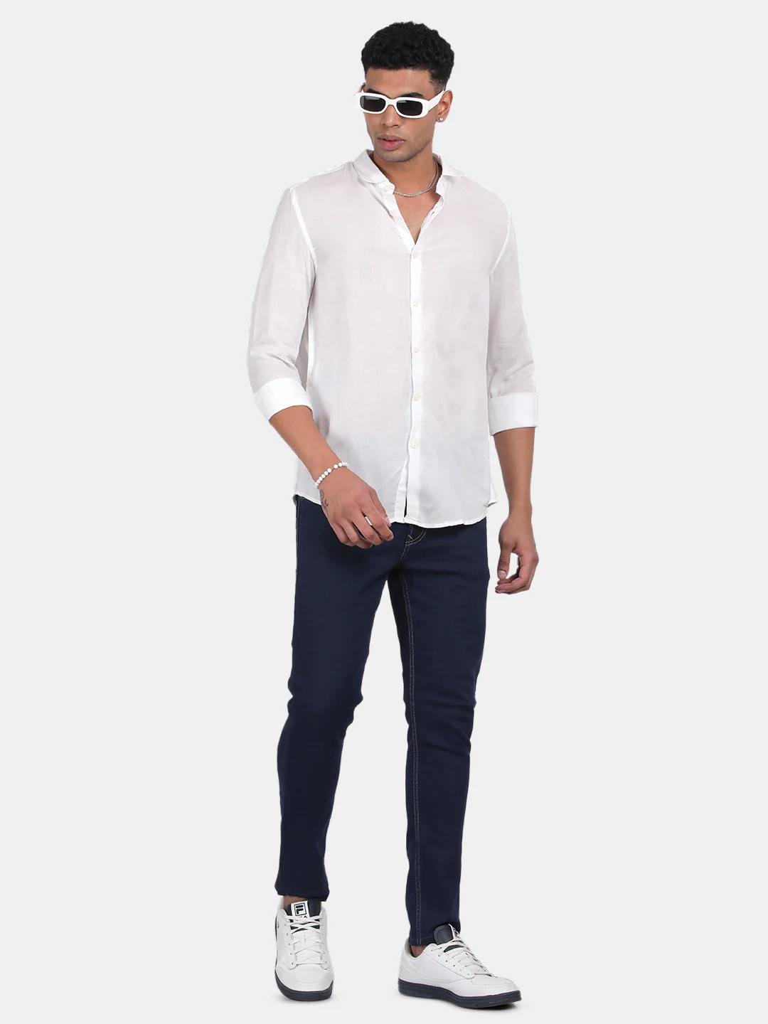 Men White Slim Fit Spread Collar Full Sleeve Casual Shirt - Image 3
