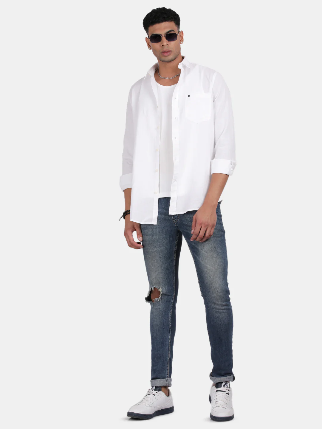 Men White Slim Fit Spread Collar Full Sleeve Casual Shirt - Image 3