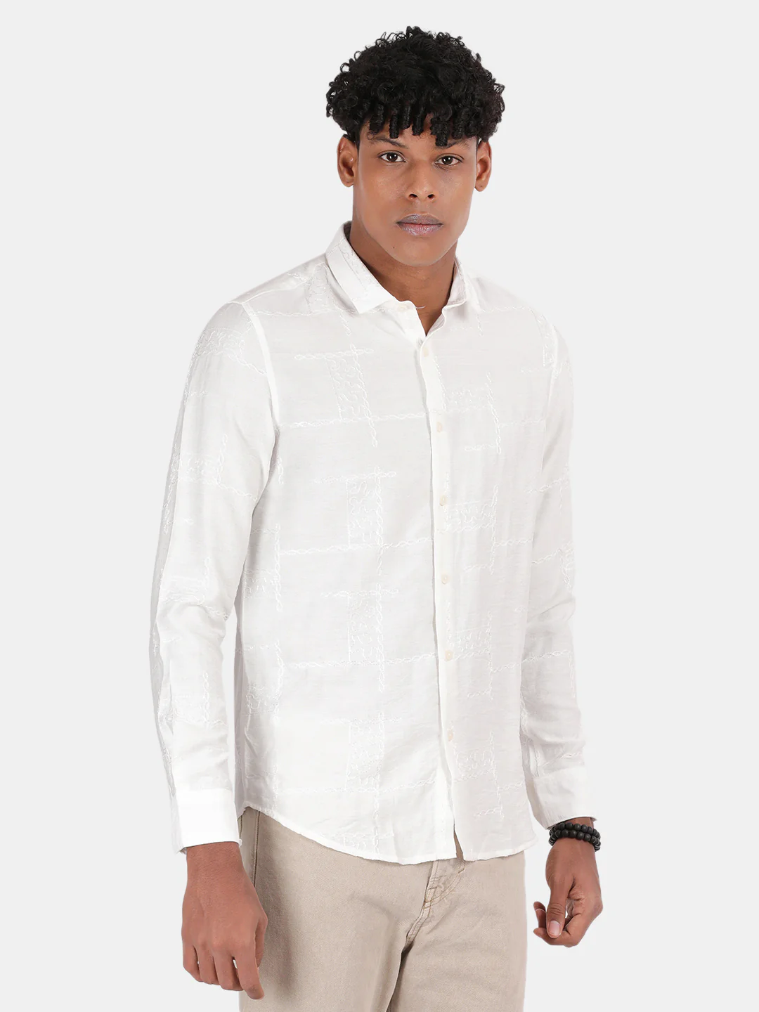 Men White Slim Fit Spread Collar Full Sleeve Casual Shirt - Image 5