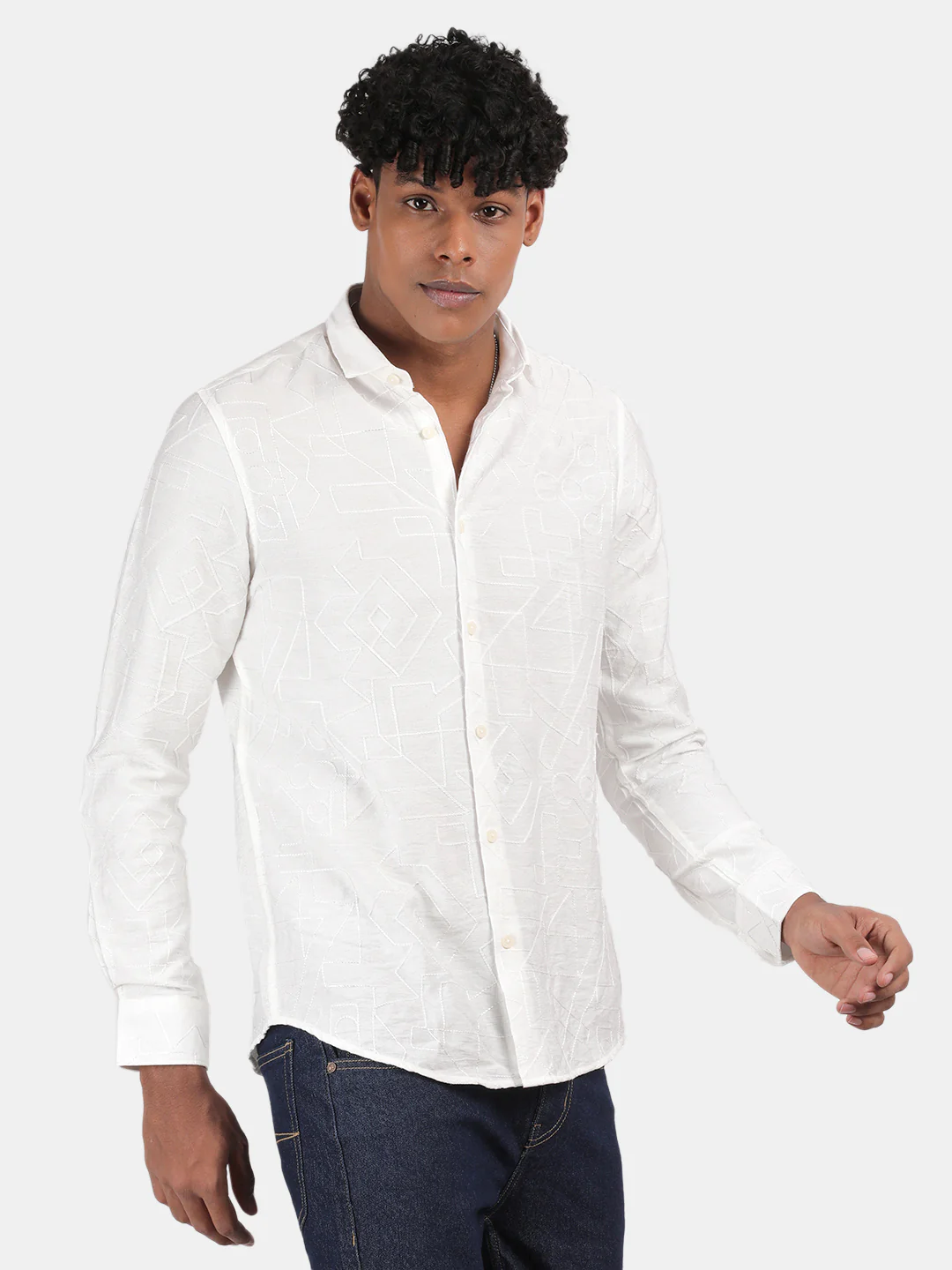 Men White Slim Fit Spread Collar Full Sleeve Casual Shirt - Image 5